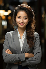 Wall Mural - young business lady businesswoman smiling with arms folded and smiling with generative ai