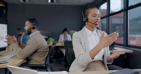 Poster - Call center, employees in office and woman talking in customer service, communication or contact us for crm support. Consultant on phone, computer and consulting discussion with advice in business