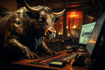 Wall Mural -  bull with a laptop in a computer monitor