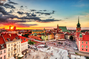 Wall Mural - Warsaw Old Town Aerial view during Colorful Sunset