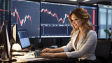Fototapeta  - Woman works in forex trading station. she is in researching smilingly mood.