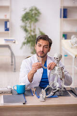 Wall Mural - Young male doctor studying human skeleton at the hospital