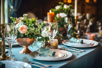 Beautiful table setting with crockery and flowers for a party, wedding reception or other festive event