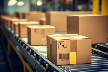 Cardboard boxes on conveyor belt line isolated on white grey background. Distribution warehouse. E-commerce, storage, delivery and packaging service concept. Close up, . High quality photo