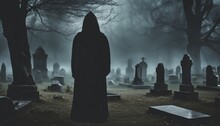 A Scary Dark Hooded Figure At A Cemetery