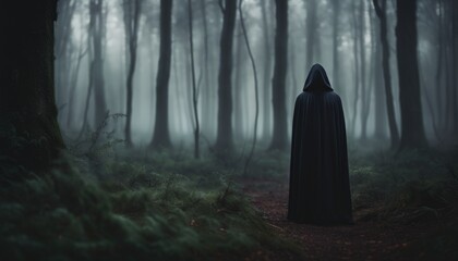 A scary dark hooded figure in a misty forest