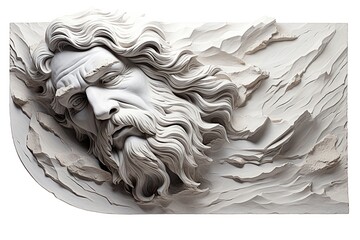 Poster - stone bas-relief with male face isolated on white background.