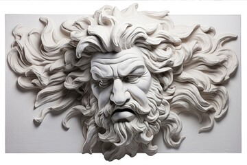 Poster - stone bas-relief with male face isolated on white background.