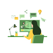 Vector Illustration About Web Courses Or Tutorials Concept. Modern Workplace, Woman Teacher On Desktop Screen, Woman Watching Online Course. Online Education, Home Schooling. Education Flat Design