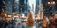  Christmas Tree On Festive  City Street In New York Urban Life ,people Walk ,car Traffic Light  View From Street Cafe Windows Glass Reflection On Vitrines 