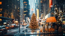  Christmas Tree On Festive  City Street In New York Urban Life ,people Walk ,car Traffic Light  View From Street Cafe Windows Glass Reflection On Vitrines 