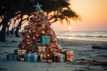 Canvas Print - Christmas tree and gifts on a tropical coastline sunset 