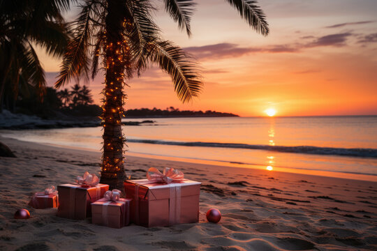 Palm Christmas tree and gifts on a tropical coastline in trendy pink hues. Christmas Holiday on the tropical beach background. 