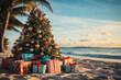christmas tree and gifts on the sandy beach 