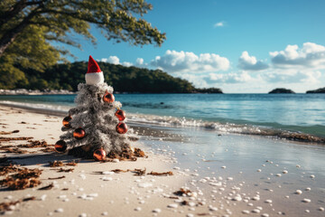 Canvas Print - White Christmas tree with red Santa hat on tropical beach.  Christmas Holiday on the tropical beach background. 