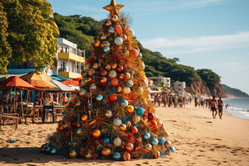 Christmas tree on the tropical beach background. 