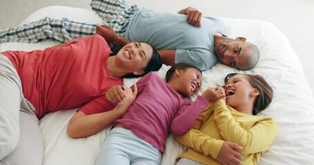 Canvas Print - Family, children and laughing together on a bed with parents and girl siblings at home, happy in the morning. Mother, father and funny sister kids playing in the bedroom, having fun while bonding