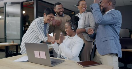 Poster - Call center success, applause and excited employees with celebration for an email on a laptop. Happy, contact us and team of customer service workers clapping hands with high five for an online sale