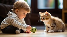 A Little Girl Of 1 Year Playing With A Cat Puppy. Cute Composit.