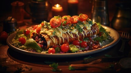 Wall Mural - enchiladas stuffed with vegetables and meat with melted mayonnaise on a wooden table