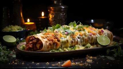 Wall Mural - enchiladas stuffed with vegetables and meat with melted mayonnaise on a wooden table