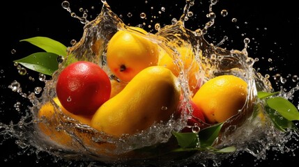  Closeup fresh yellow mangoes splashed with water on black and blurred background
