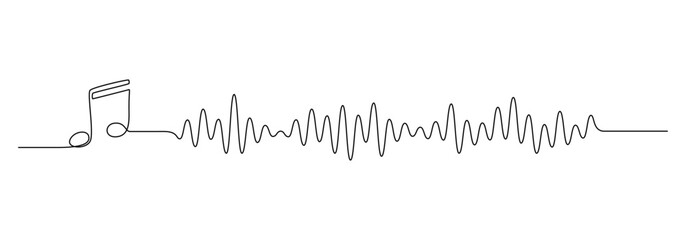 Continuous one line drawing of sound wave with music note. Audio soundtrack and recording voice message in simple linear style. Editable stroke. Doodle vector illustration