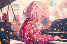 Little Girl With Pink Bob Hair Plays The Piano, Japanese Anime Style. Colourful Polka Dot Dress. Digital Illustration With Little Musician Playing An Instrument