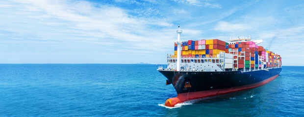 cargo container ship, cargo vessel ship carrying container and running for import export concept tec