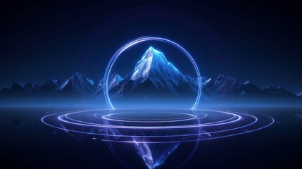 Wall Mural - abstract blue desktop wallpaper background with snow mountains and neon light circle round line wate