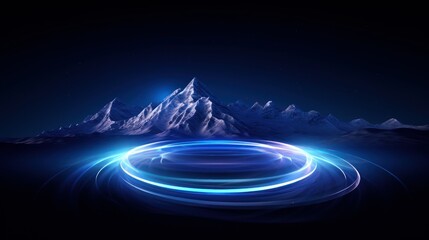 Wall Mural - abstract blue desktop wallpaper background with snow mountains and neon light circle round line wate