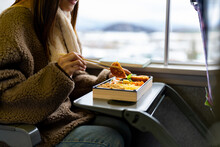 Asian Woman Eating Traditional Japanese Pork Cutlet With Rice Tonkatsu In Lunch Box Bento During Travel On Train. Attractive Girl Travel Japan On Railroad Transportation On Winter Holiday Vacation.