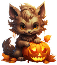 Halloween Cute Baby Werewolf Isolated On Transparent Background. Generative AI