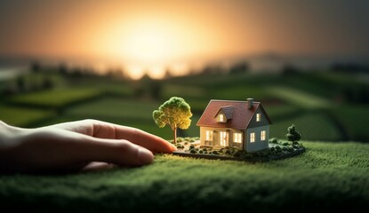 A model house next to human hands with bokeh background. Real Estate concept