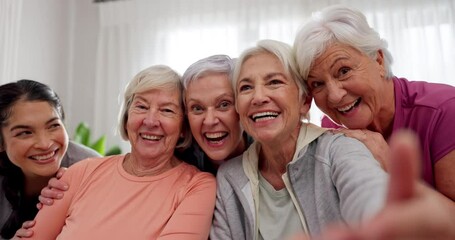 Canvas Print - Yoga class, face selfie or senior happy people for retirement exercise, club membership or community memory picture. Pilates instructor, portrait friends or elderly women pose for group workout photo