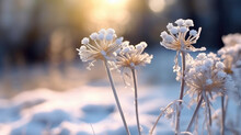 The Captivating Beauty Of Ice Flowers Blooming Outside During The Winter Season. Beautiful Ice Flowers