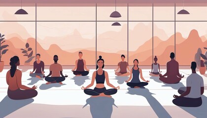 Wall Mural - Group meditation in yoga studio with breath exercise