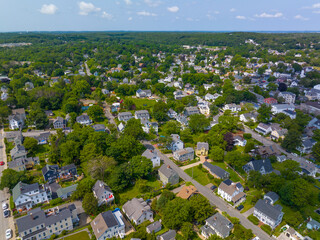 Rockport historic town center aerial view in residential area near waterfront village of Rockport, Massachusetts MA, USA. 