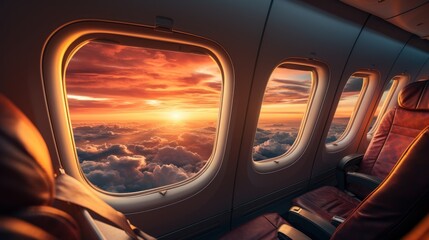 Fototapete - beautiful sunset sky above the Plane flying view from inside the plane of the journey.