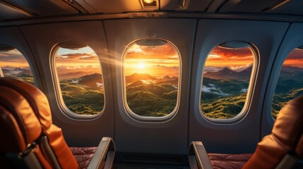 Fototapete - beautiful sunset sky above the Plane flying view from inside the plane of the journey.