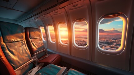 Fototapete - beautiful sunset sky above the Plane flying view from inside the plane of the journey.