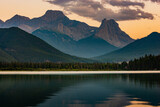 Fototapeta  - Calm Gap Lake at sunset in Alberta, Canada.