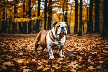 Wall Mural - English bulldog outdoors standing at autumn leaves generated by AI tool