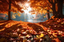 Colorful Autumn Leaves On The Ground. Nature Scene. Fall Composition. 3d Render Illustration