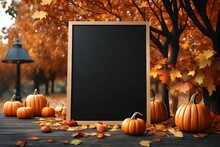 Signboard Mockup Or Template With Copy Space On Exterior. Black Menu Board With Autumn Holiday Decoration. Welcome Signboard Mockup With Pumpkins. 3d Render Illustration