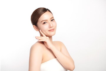 Wall Mural - Beautiful young asian woman with clean fresh skin on white background, Face care, Facial treatment, Cosmetology, beauty and spa, Asian women portrait.