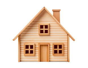 Toy wooden house isolated on transparent background, front view