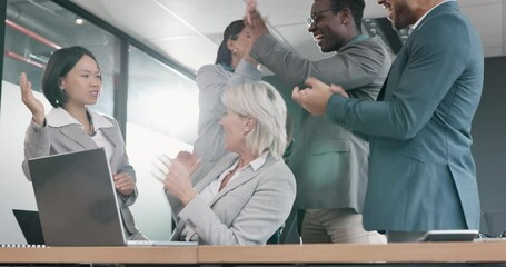 Poster - Clapping, success and business people on computer of project bonus, financial goals or profit celebration in office. Finance group, men and women high five and applause, yes or winner news on laptop