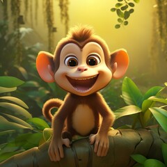 Wall Mural - cute happy adorable monkey 3d character isolated on jungle background generative ai