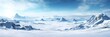 vast desolated snow land, big mountains in the background, snowfall with light blue sky and light blue colors, peaceful atmosphere,  